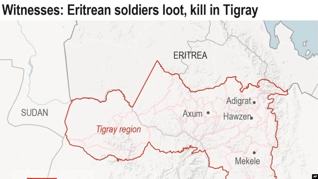 Map locates key cities in Ethiopia's Tigray region where millions of Tigray residents, still largely cut off from the world, live in fear of Eritrean soldiers.