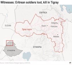Map locates key cities in Ethiopia's Tigray region. Millions of Tigray residents, still largely cut off from the world, live in fear of Eritrean soldiers.