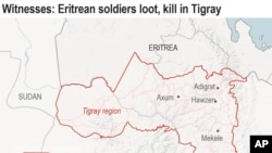 Map locates key cities in Ethiopia's Tigray region where millions of Tigray residents, still largely cut off from the world, live in fear of Eritrean soldiers.