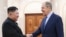 In this photo released by Russian Foreign Ministry Press Service via their telegram channel, Korean leader Kim Jong Un, left, and Russian Foreign Minister Sergey Lavrov greet each other during a meeting in Pyongyang, North Korea, on Oct. 19, 2023.