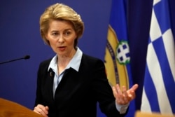 FILE - German Minister of Defense Ursula von der Leyen speaks in Athens, March 5, 2019.