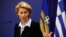 FILE - German Minister of Defense Ursula von der Leyen speaks in Athens, March 5, 2019. 