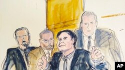 In this courtroom drawing, Joaquin "El Chapo" Guzman, second from right, gestures a "thumbs up" as he leaves the courtroom, Feb. 12, 2019, in New York. The notorious Mexican drug lord lost his bid for a new trial, July 3, 2019.