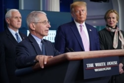 En esta foto del 1 de abril, el doctor Anthony Fauci, en presencia del presidente Donald Trump, habla durante una sesión informativa sobre el nuevo coronavirus, COVID-19, en la Sala de Prensa Brady, en la Casa Blanca, en Washington.