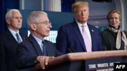 El presidente Trump, al fondo, observa al doctor Anthony Fauci durante una rueda de prensa celebrada en la Casa Blanca, el pasado 1 de abril.