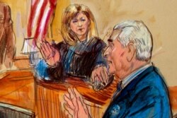 This courtroom sketch shows former campaign adviser for President Trump, Roger Stone talking from the witness stand as Judge Amy Berman Jackson listens during a court hearing at the U.S. District Courthouse in Washington, Feb. 21, 2019.