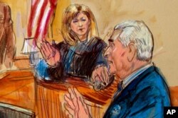 This courtroom sketch shows former campaign adviser for President Trump, Roger Stone talking from the witness stand as Judge Amy Berman Jackson listens during a court hearing at the U.S. District Courthouse in Washington, Feb. 21, 2019.