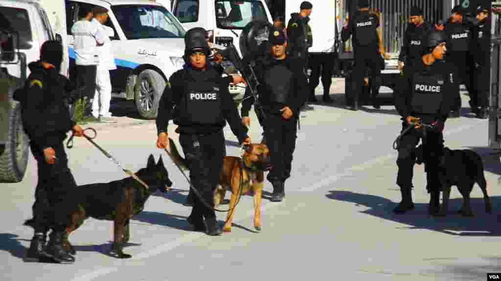 A l'extérieur du musée, la police recherche d'autres éventuelles bombes supplémentaires après la libération des otages survivants, Tunis, mercredi 18 mars, 2015. (Mohamed Krit / VOA)