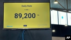 A screen shows the daily U.S. dollar rate at a supermarket after some goods were priced in dollars, in Beirut, Lebanon, March 1, 2023.