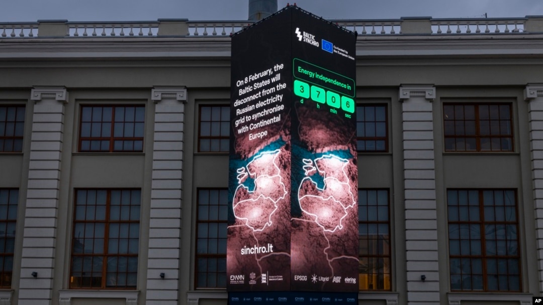 A screen near the Energy Museum and Mindaugas Bridge indicates that on Feb. 8 the Baltic States will disconnect from the Russian electricity grid to synchronize with Continental Europe, in Vilnius, Lithuania, Feb. 4, 2025. 