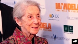 FILE - Nobel Priize winning author Nadine Gordimer arrives for the South African premier of the movie "Mandela - Long Walk To Freedom" in Johannesburg, Nov. 3, 2013.