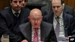 바실리 네벤자 유엔주재 러시아 대사가 지난 2월 뉴욕 유엔본부에서 열린 안보리 회의에서 발언하고 있다.