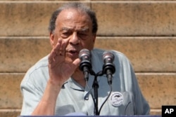Civil rights activist Andrew Young speaks at the 60th anniversary ceremony of the March on Washington at the Lincoln Memorial in Washington on Aug. 26, 2023.