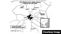 최근 기밀해제된 미국 중앙정보국(CIA)의 1983년 작성 보고서에서 평양 일대 테러 요원 훈련장 6곳의 위치를 표시했다.