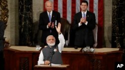 PM India Narendra Modi menyampaikan pidato dalam sidang gabungan Kongres AS di gedung Capitol hari Rabu (8/6).