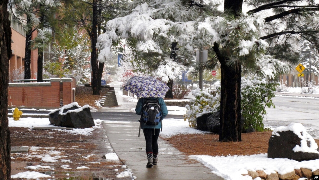 FILE - A student at Northern Arizona University walks through the campus in Flagstaff, Nov. 4, 2015, during the city's first snowfall of the season.