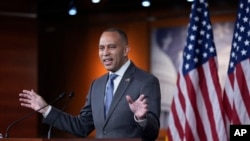 House Minority Leader Hakeem Jeffries speaks to reporters at his weekly news conference at the Capitol in Washington, Feb. 7, 2025. 