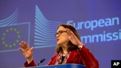 FILE - European Union Trade Commissioner Cecilia Malmstrom speaks during a media conference at EU headquarters in Brussels, Jan. 18, 2019. 