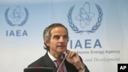 라파엘 마리아노 그로시 IAEA 사무총장이 9일 오스트리아 빈의 IAEA 본부에서 기자회견을 했다.