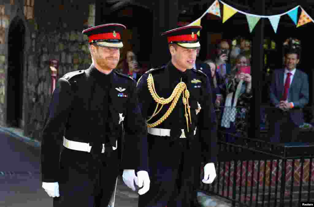 Prince Harry walks with his best man, the Duke of Cambridge, as he arrives at St George's Chapel at Windsor Castle for his wedding to Meghan Markle in Windsor, Britain