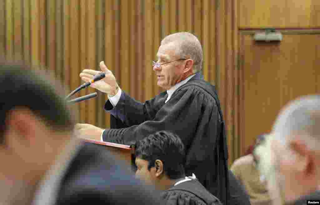 State Prosecutor Gerrie Nel speaks during his appeal against the verdict and sentence of South African Olympic and Paralympic sprinter Oscar Pistorius at the North Gauteng High Court in Pretoria, Dec. 9, 2014.