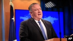 FILE - Secretary of State Mike Pompeo speaks during a news conference at the State Department in Washington, Aug. 5, 2020. 