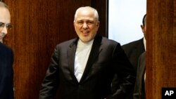 Iranian Foreign Minister Mohammad Javad Zarif arrives for a meeting with U.N. Secretary General Antonio Guterres at United Nations headquarters Thursday, July 18, 2019. (AP Photo/Frank Franklin II)