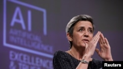 European Executive Vice-President Margrethe Vestager speaks at a media conference on the EU approach to Artificial Intelligence following a weekly meeting of EU Commission in Brussels, Belgium, April 21, 2021.