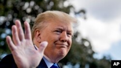 President Donald Trump smiles while speaking to reporters on the South Lawn of the White House in Washington, Nov. 8, 2019.