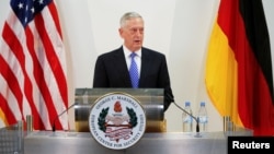 U.S. Defence Minister James N. Mattis talks at a press conference before the commemoration of the 70th anniversary of the Marshall Plan at the George C. Marshall Center in Garmisch-Partenkirchen, Germany, June 28, 2017. 