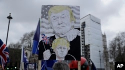 Remain in the European Union, anti-Brexit protesters, including one with a placard depicting British Prime Minister Boris Johnson under the thumb of U.S. President Donald Trump, demonstrate outside the Houses of Parliament in London, Jan 8, 2020.