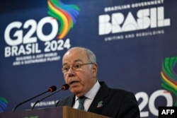 FILE — Brazil's Foreign Minister Mauro Vieira delivers a press conference at the end of the G20 foreign ministers meeting in Rio de Janeiro, Brazil, on February 22, 2024.