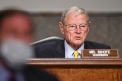 FILE - Senate Armed Services Committee Chairman Jim Inhofe, R-Okla., speaks during a hearing on Capitol Hill in Washington, May 7, 2020.