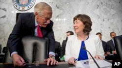 Sen. Angus King, I-Maine, left, and Sen. Susan Collins, R-Maine, right, warn, July 17, 2018, that newspapers in their home states are in danger of reducing news coverage, if the United States maintains recently imposed tariffs on Canadian newsprint.