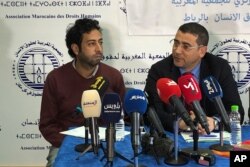 Omar Radi, left, and one of his lawyers attend a press conference at the Moroccan Association for Human Rights in Rabat, Jan. 9 2020.