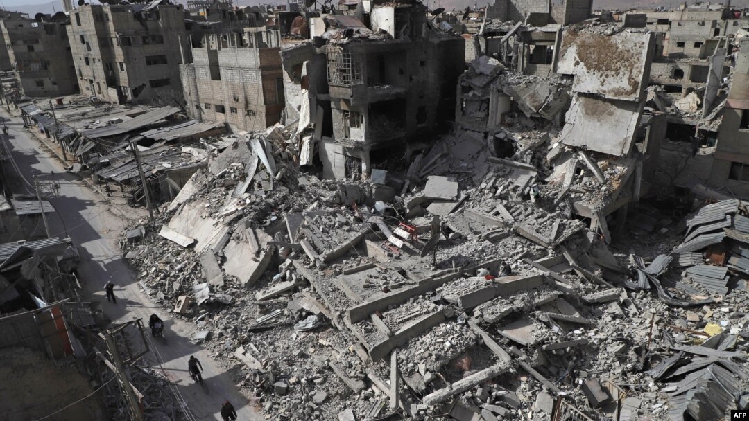 A general view shows several destroyed buildings in Douma, in the rebel enclave of eastern Ghouta on the outskirts of Damascus, March 5, 2018.