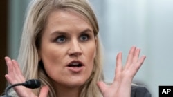 FILE - Former Facebook employee Frances Haugen speaks during a hearing of the Senate Commerce, Science, and Transportation Subcommittee on Consumer Protection, Product Safety, and Data Security, on Capitol Hill, Oct. 5, 2021, in Washington.