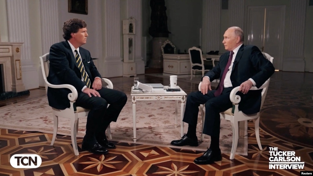 Russian President Vladimir Putin speaks during an interview with U.S. television host Tucker Carlson, in Moscow, February 6, 2024.
(Tucker Carlson Network/Handout via REUTERS)
