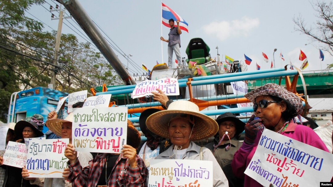 Petani membawa poster dalam sebuah protes meminta pemerintahan Yingluck segera membayar skema beras mereka di pinggiran Bangkok, 6 Februari 2014