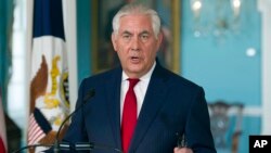 國務卿蒂勒森10月14日在國務院發表講話資料照。