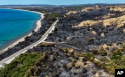 An aerial photo shows part of the area burned by a wildfire at the Anzac Cove beach, near Canakkale, Turkey, on Aug. 16, 2024.