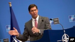 Acting U.S. Secretary for Defense Mark Esper speaks during a media conference at the conclusion of a meeting of NATO defense ministers at NATO headquarters in Brussels, Belgium, June 27, 2019.