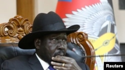 South Sudan's President Salva Kiir attends a meeting on the cutting of the number of states from 32 to 10, at the State House in Juba, Feb. 15, 2020. 