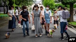 Anggota "Patroli Wan-Wan" lokal, Keiko Shimizu (depan kiri) dengan Yorkshire Terrier betinanya (bawah kiri), Marika Igarashi (C) dan Yurika Igarashi (kedua dari kanan) dengan pudel "Sakura" berjalan menuju sebuah sekolah dasar di Tokyo< Jepang, 14 Juli 2021. (AFP)