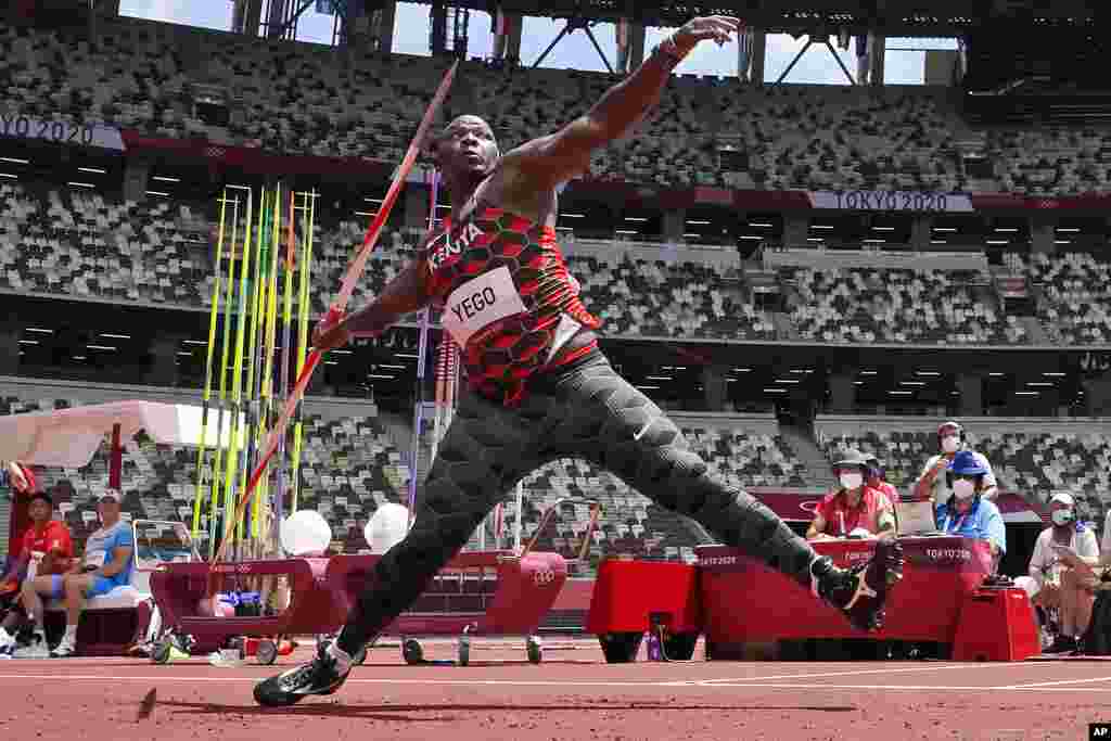 Julius Yego, of Kenya, competes in the qualification round of the men's javelin throw at the 2020 Summer Olympics, Wednesday, Aug. 4, 2021, in Tokyo. (AP Photo/David J. Phillip)