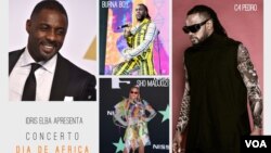 Montagem de fotos com Idris Elba e os cantores Burna Boy, Sho Madjozi e C4 Pedro