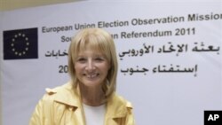 One of the European Union Chief Observers Veronique de Keyser leaves a press conference in Khartoum, Sudan, 17 Jan 2011