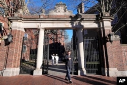 FILE - A passer-by walks through a gate to the Harvard University campus, Jan. 2, 2024. Many universities say their cost of attendance for next year will be over $90,000. (AP Photo/Steven Senne, File)