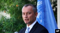 FILE - U.N. Special Coordinator for the Middle East Peace Process Nickolay Mladenov attends a press conference in Gaza City, Sept. 25, 2017.