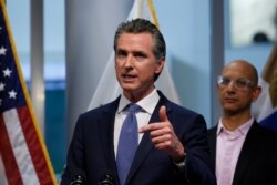 California Gov. Gavin Newsom updates the state's response to the coronavirus, at the Governor's Office of Emergency Services in Rancho Cordova Calif., March 17, 2020.